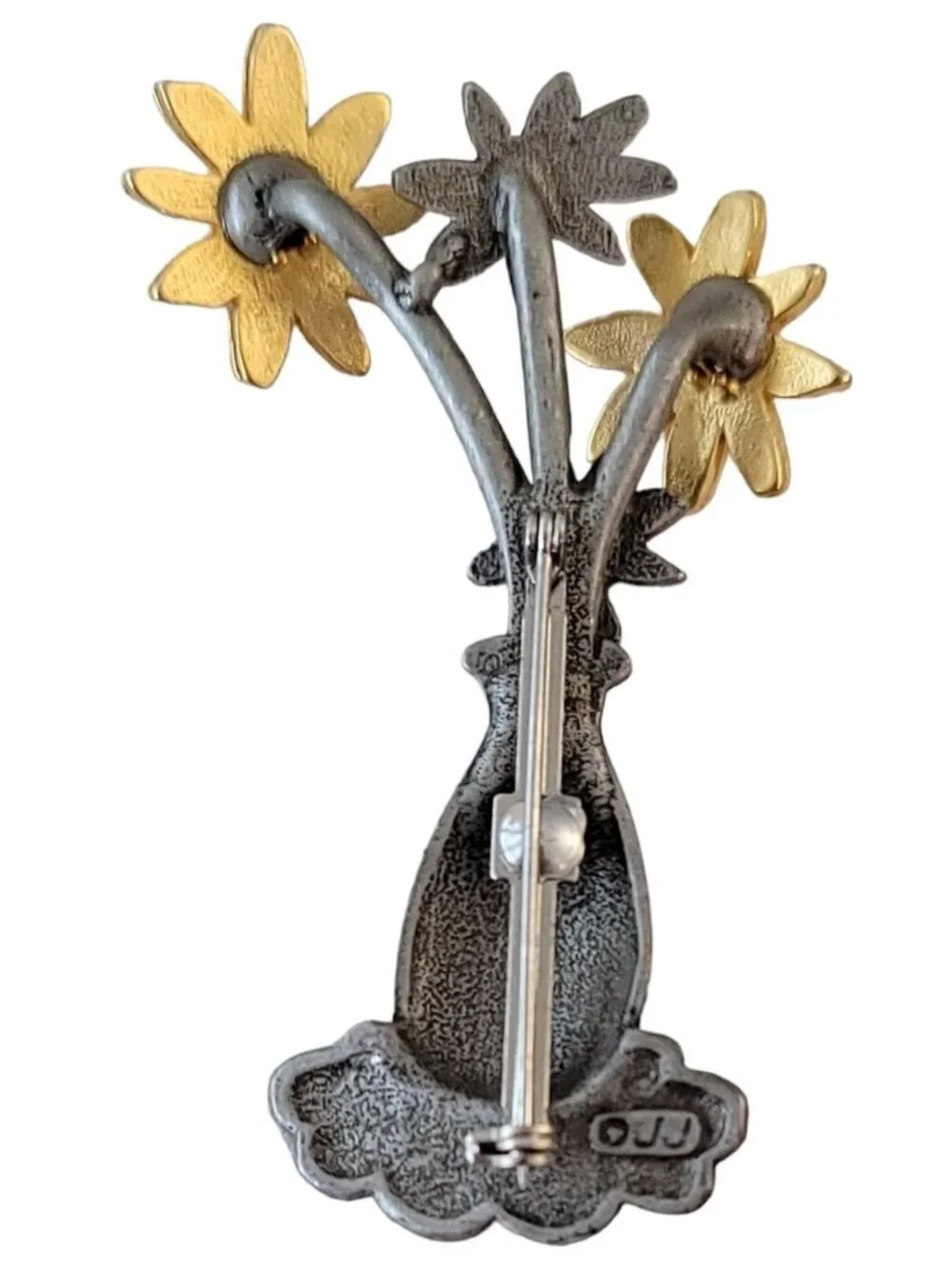 JJ Jonette Gold And Silver Tone Flower, Vase Brooch, Signed M604